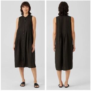 Eileen Fisher Puckered Organic Linen Mandarin  Collar Sleeveless Shirtdress XS